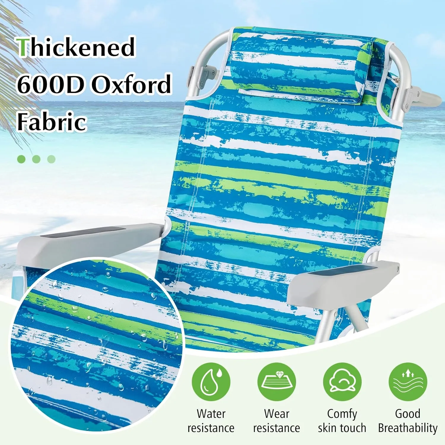 GYMAX Beach Chair, 330lbs Backpack Lounger with 5-Position Backrest, Storage Bag, Side Pocket, Towel Bar & Headrest, Foldable Low Beach Lounge, Portable Aluminum Lay Out Camp Chair (1, Blue)