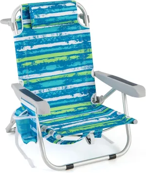 GYMAX Beach Chair, 330lbs Backpack Lounger with 5-Position Backrest, Storage Bag, Side Pocket, Towel Bar & Headrest, Foldable Low Beach Lounge, Portable Aluminum Lay Out Camp Chair (1, Blue)
