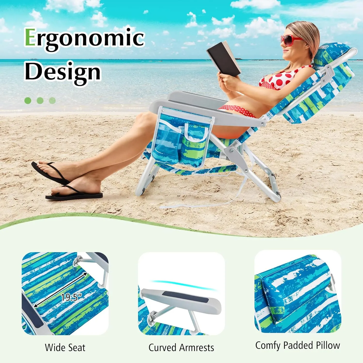 GYMAX Beach Chair, 330lbs Backpack Lounger with 5-Position Backrest, Storage Bag, Side Pocket, Towel Bar & Headrest, Foldable Low Beach Lounge, Portable Aluminum Lay Out Camp Chair (1, Blue)