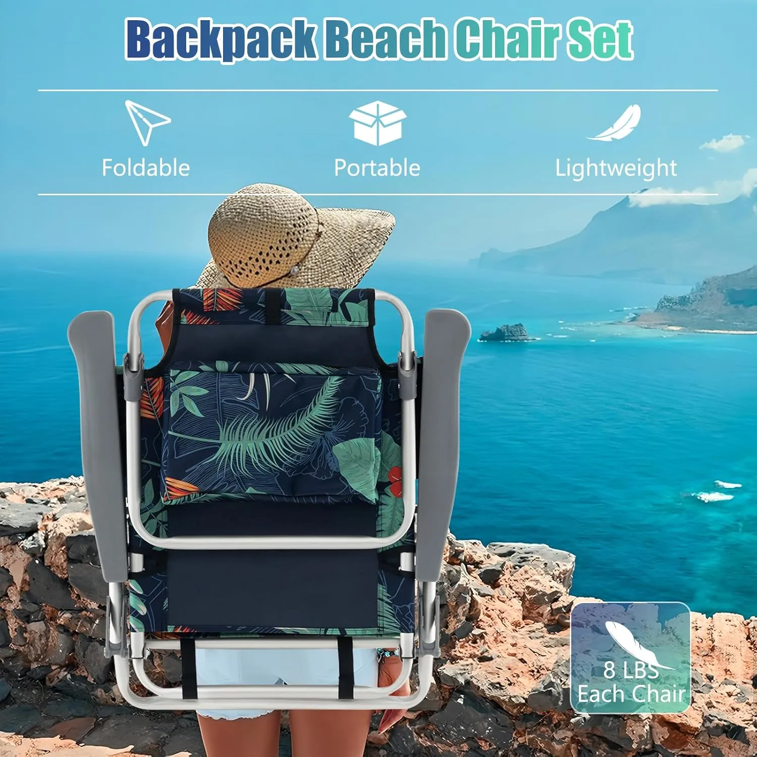 GYMAX Beach Chairs, 2-Pack Backpack Camping Chair with Armrest, Cooler Bag, Cup Holder, Towel Bar & Side Pockets, Sunbath Sling Tanning Lounge, Folding Layout Chair (Without Table, Flower)