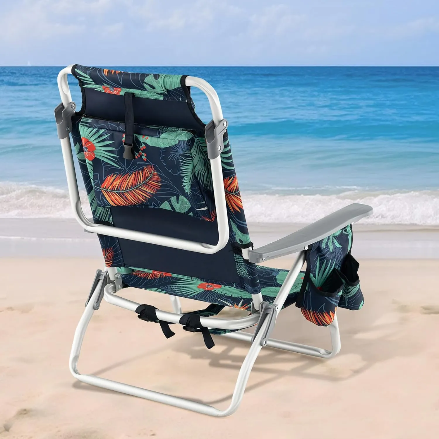 GYMAX Beach Chairs, 2-Pack Backpack Camping Chair with Armrest, Cooler Bag, Cup Holder, Towel Bar & Side Pockets, Sunbath Sling Tanning Lounge, Folding Layout Chair (Without Table, Flower)