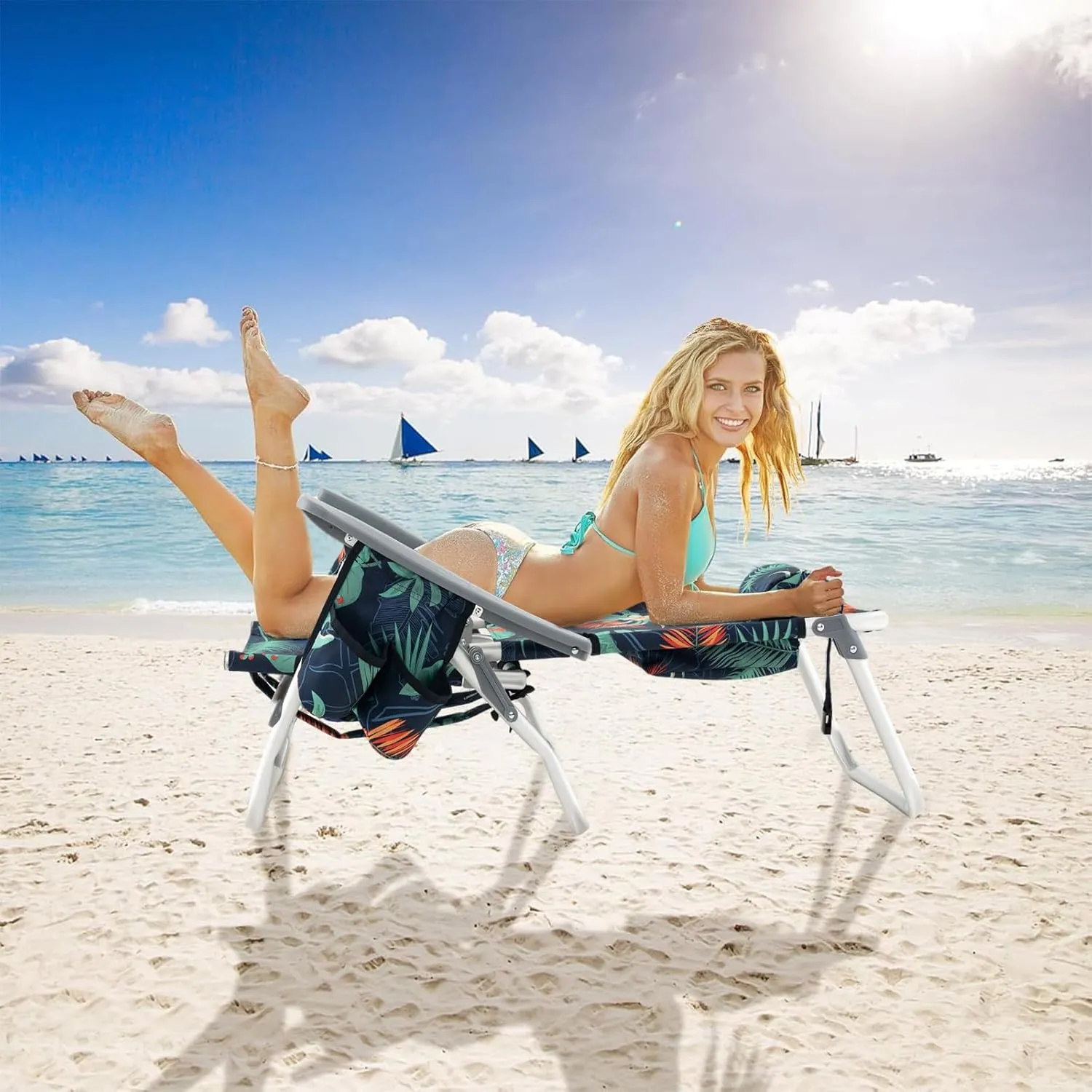 GYMAX Beach Chairs, 2-Pack Backpack Camping Chair with Armrest, Cooler Bag, Cup Holder, Towel Bar & Side Pockets, Sunbath Sling Tanning Lounge, Folding Layout Chair (Without Table, Flower)