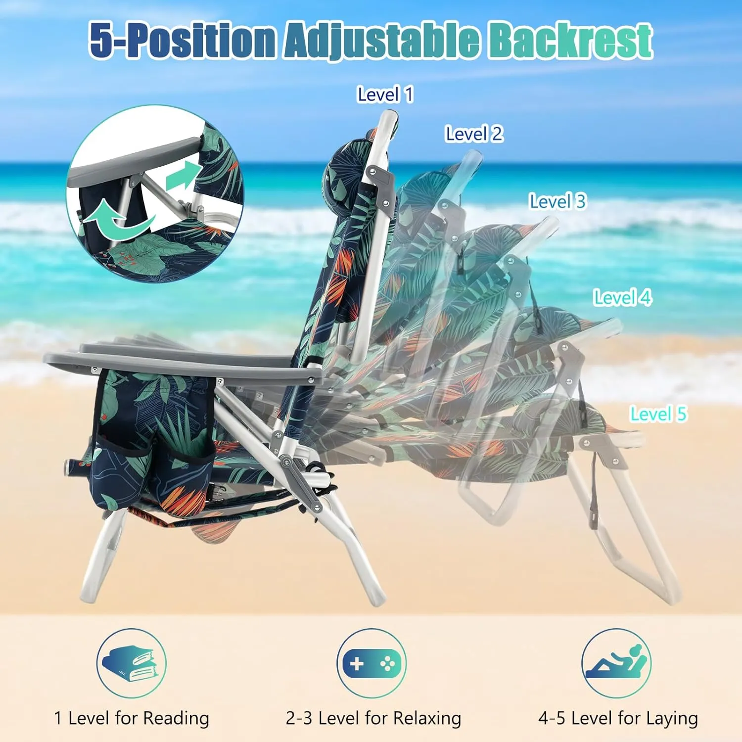 GYMAX Beach Chairs, 2-Pack Backpack Camping Chair with Armrest, Cooler Bag, Cup Holder, Towel Bar & Side Pockets, Sunbath Sling Tanning Lounge, Folding Layout Chair (Without Table, Flower)