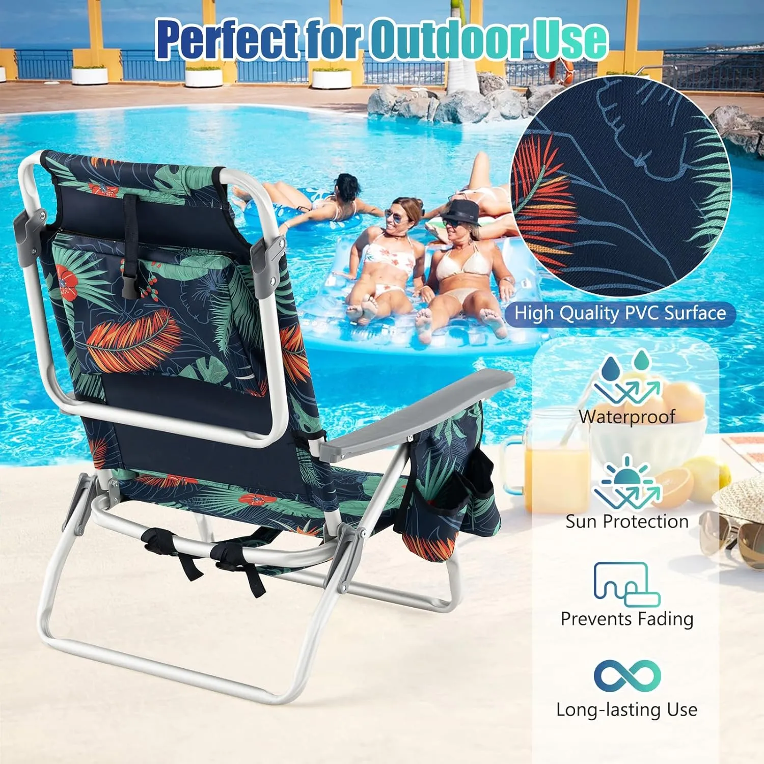 GYMAX Beach Chairs, 2-Pack Backpack Camping Chair with Armrest, Cooler Bag, Cup Holder, Towel Bar & Side Pockets, Sunbath Sling Tanning Lounge, Folding Layout Chair (Without Table, Flower)