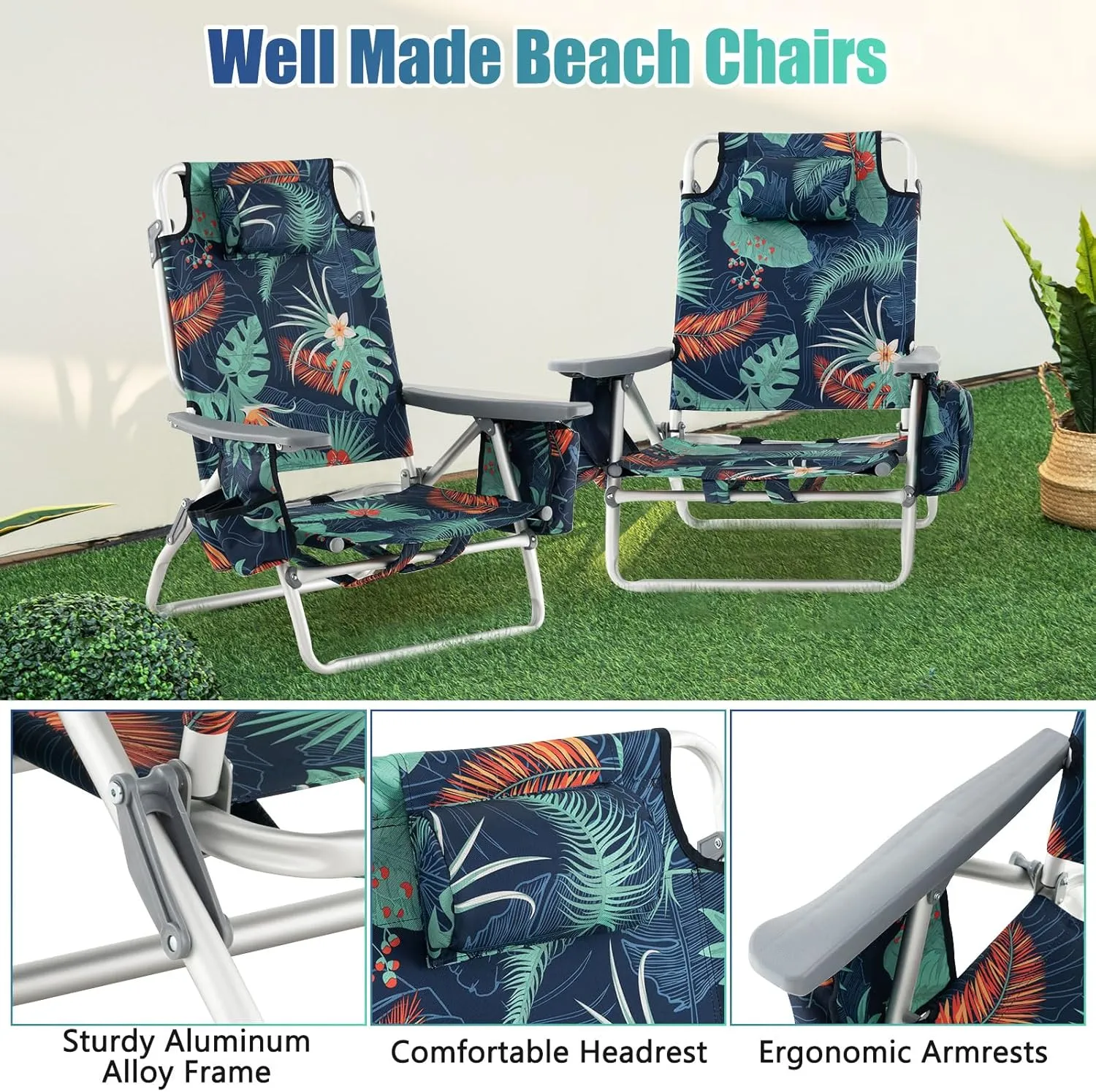 GYMAX Beach Chairs, 2-Pack Backpack Camping Chair with Armrest, Cooler Bag, Cup Holder, Towel Bar & Side Pockets, Sunbath Sling Tanning Lounge, Folding Layout Chair (Without Table, Flower)