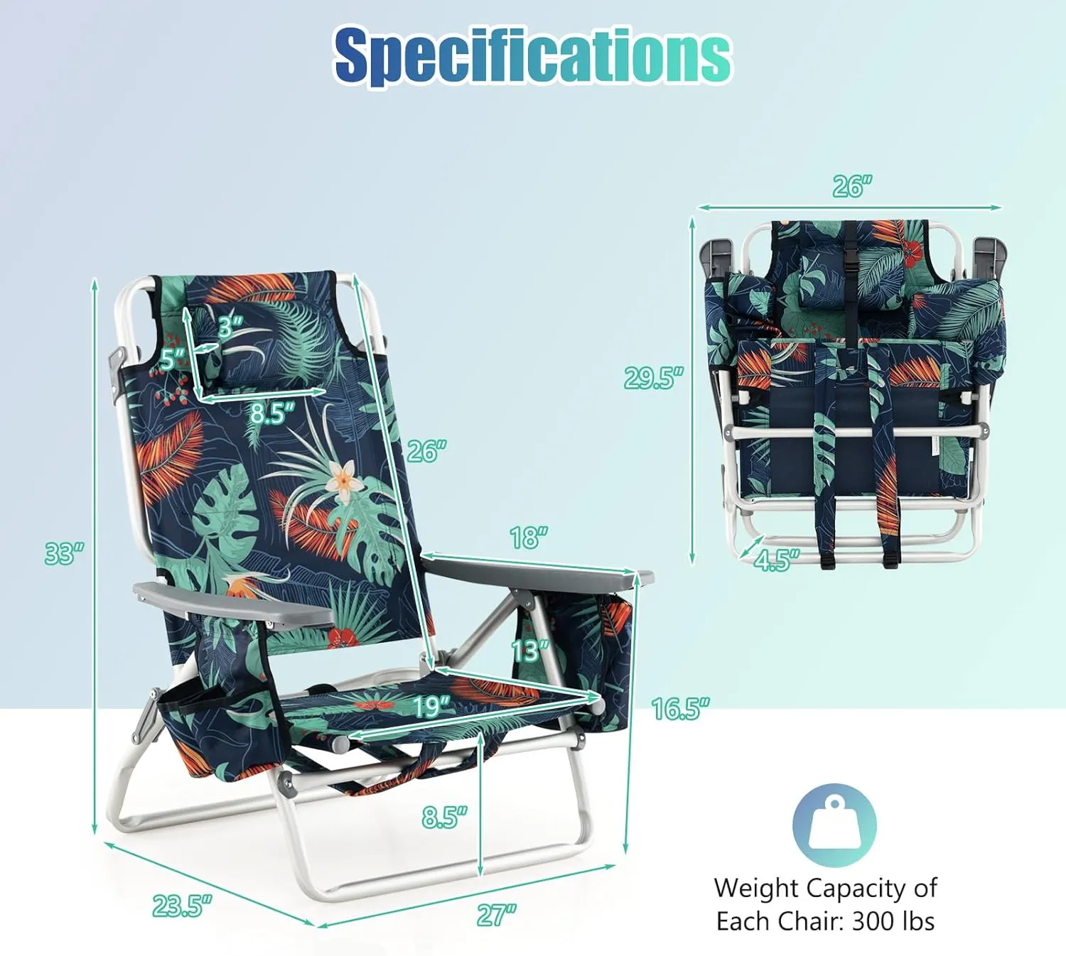 GYMAX Beach Chairs, 2-Pack Backpack Camping Chair with Armrest, Cooler Bag, Cup Holder, Towel Bar & Side Pockets, Sunbath Sling Tanning Lounge, Folding Layout Chair (Without Table, Flower)