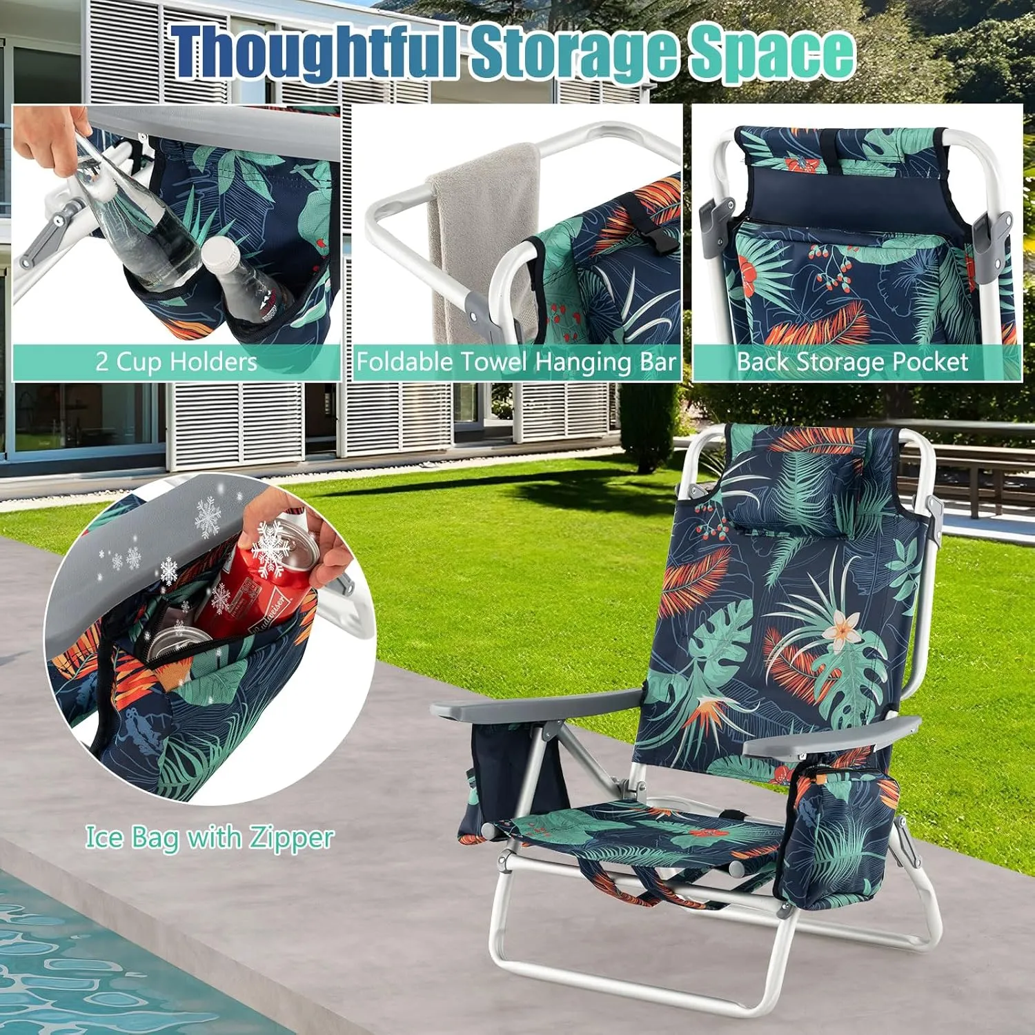 GYMAX Beach Chairs, 2-Pack Backpack Camping Chair with Armrest, Cooler Bag, Cup Holder, Towel Bar & Side Pockets, Sunbath Sling Tanning Lounge, Folding Layout Chair (Without Table, Flower)