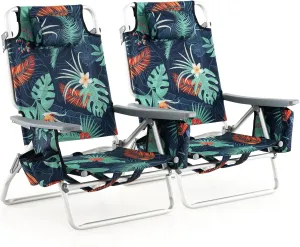 GYMAX Beach Chairs, 2-Pack Backpack Camping Chair with Armrest, Cooler Bag, Cup Holder, Towel Bar & Side Pockets, Sunbath Sling Tanning Lounge, Folding Layout Chair (Without Table, Flower)