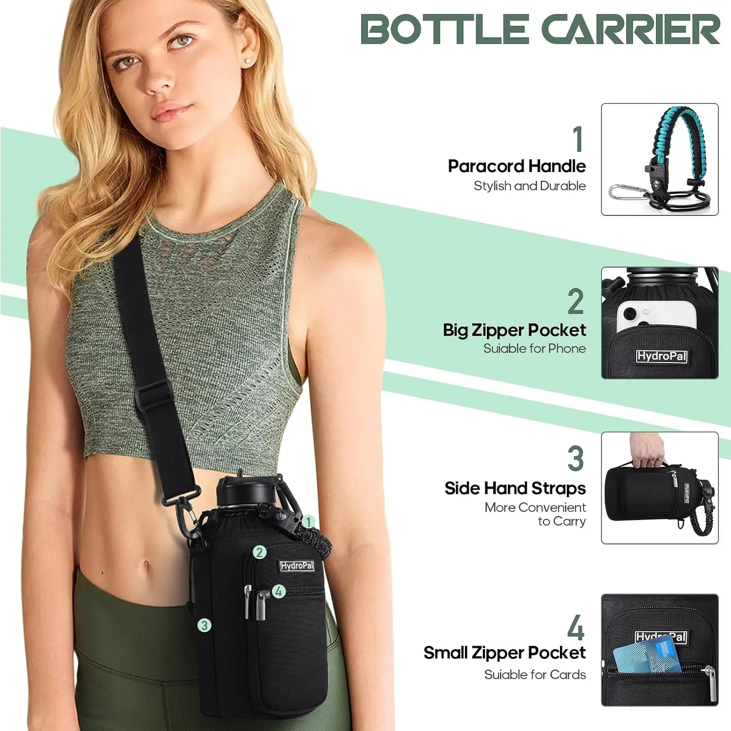 Half Gallon Water Bottle with 2 Lids(Chug Lid and Straw Lid)，64oz Insulated Water Bottle with Straw, Wide Mouth Double-wall Vacuum Thermo with Paracord/Protective Carrier Boot