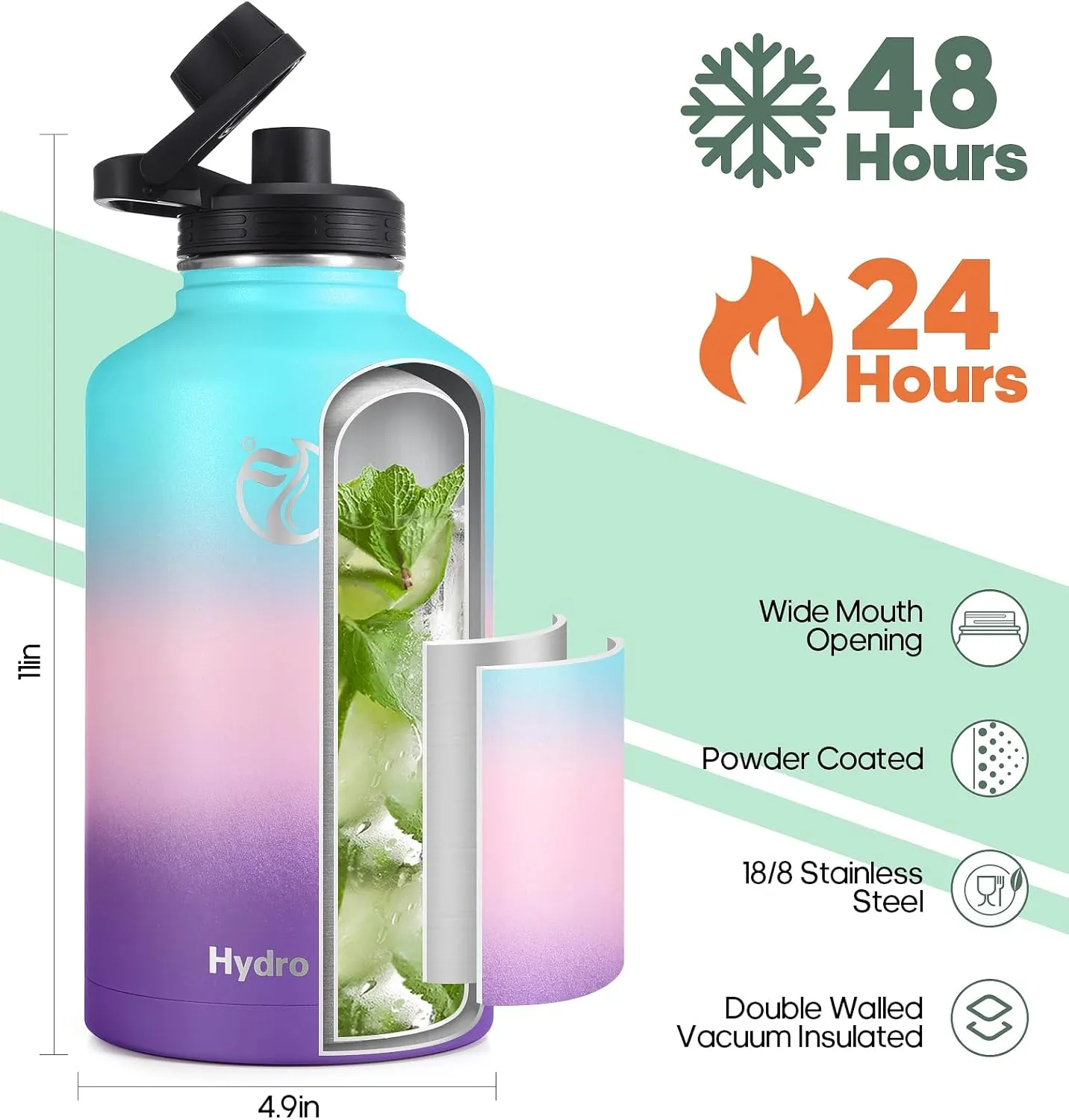 Half Gallon Water Bottle with 2 Lids(Chug Lid and Straw Lid)，64oz Insulated Water Bottle with Straw, Wide Mouth Double-wall Vacuum Thermo with Paracord/Protective Carrier Boot