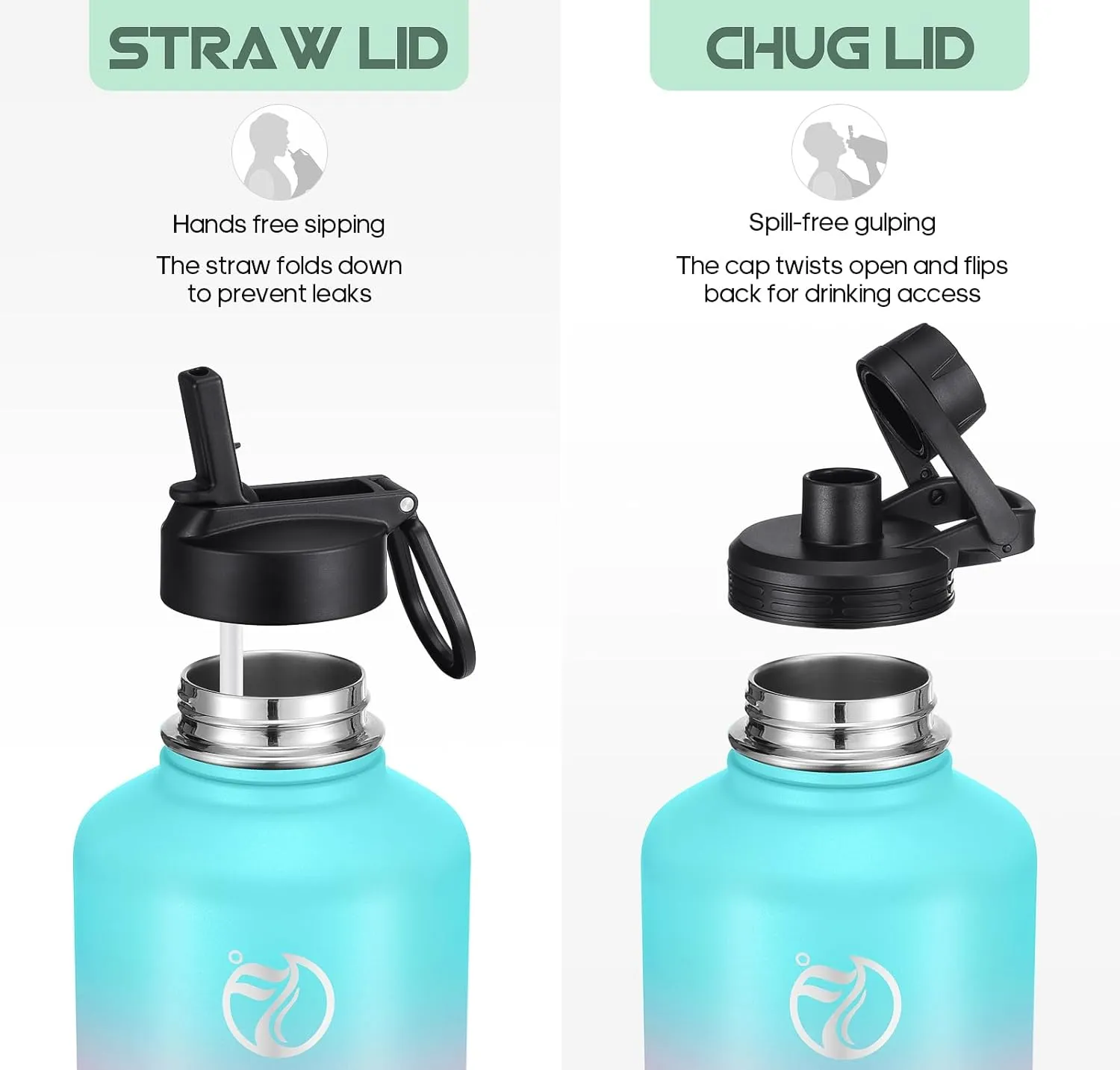 Half Gallon Water Bottle with 2 Lids(Chug Lid and Straw Lid)，64oz Insulated Water Bottle with Straw, Wide Mouth Double-wall Vacuum Thermo with Paracord/Protective Carrier Boot