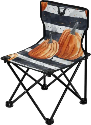 Halloween Striped Pumpkin Portable Outdoor Folding Chair Anti-Slip Padded Oxford Cloth Stool Camping Chair Small for Beach Hiking Fishing Gardening Quad Camp Chair