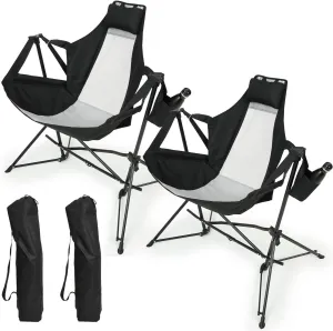 Hammock Camping Chair, Folding Portable Rocking Chair, Aluminum Alloy Adjustable Back Swinging Chair with Pillow Cup Holder, Recliner with Carry Bag for Outdoor Travel Lawn Backyard, Black (2pcs)