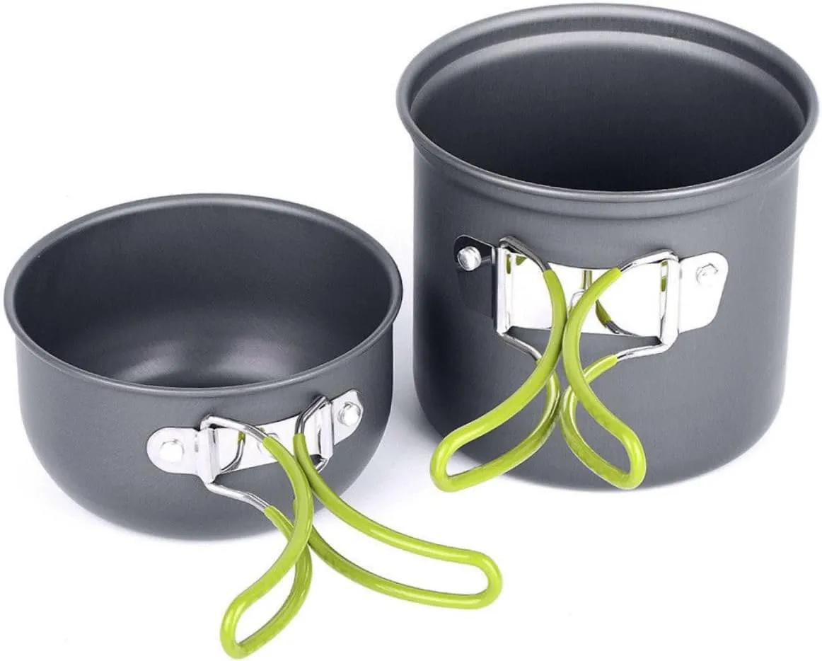 HANABASS 2pcs Portable Camping Cookware Set Lightweight Pots and Pans with Handle Cover for Hiking Backpacking and Picnics Outdoor Cooking Tool