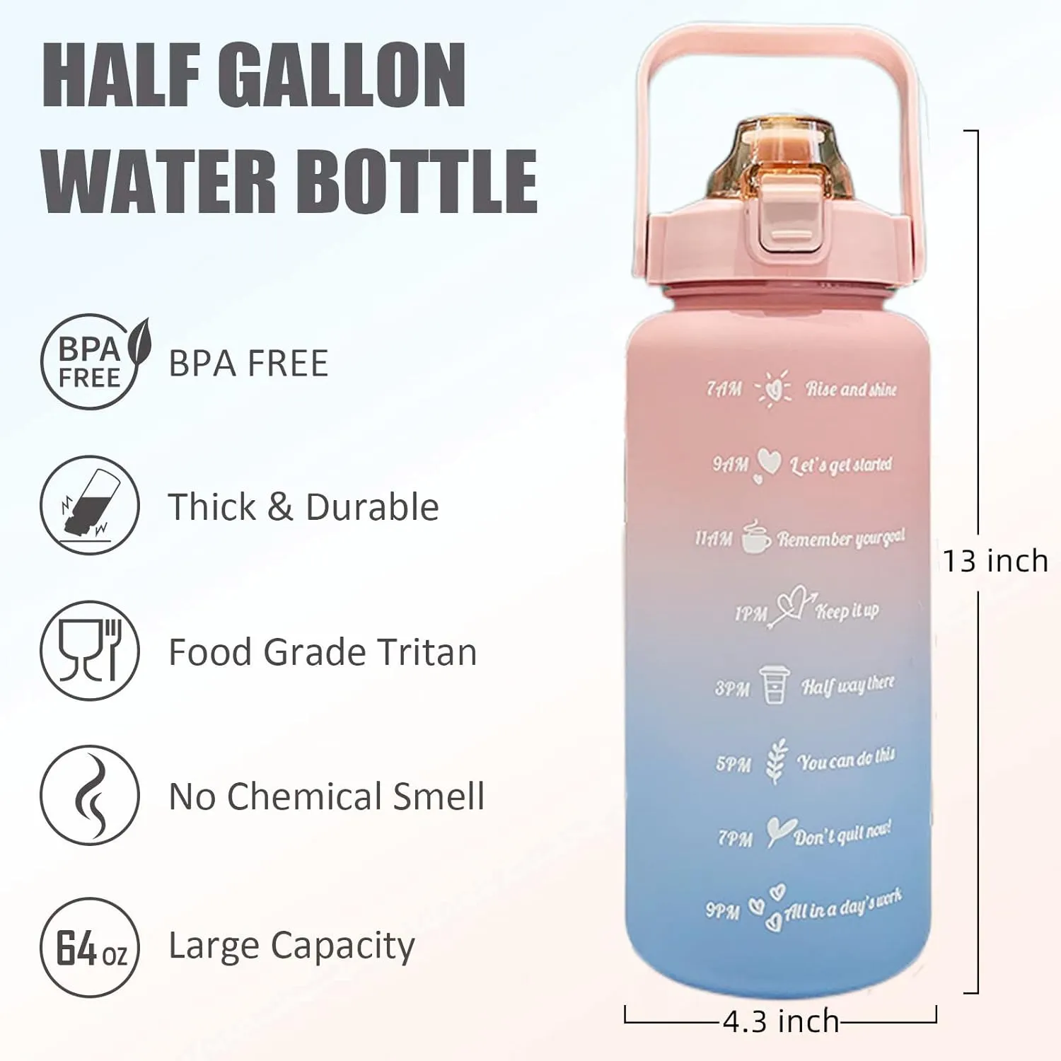 HANDA 64 OZ Half Gallon Motivational Water Bottle with Time Marker & Removable Straw, Handle, BPA Free Leakproof Non-Toxic 2L Large Water Jug for Fitness Gym Outdoor Sports (Pink/Blue)