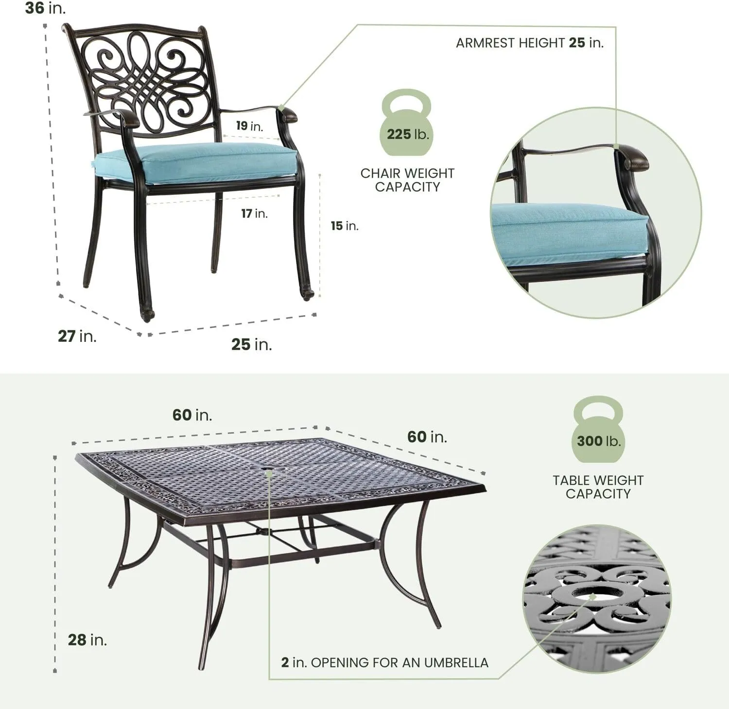 Hanover Traditions 9-Piece Patio Dining Set with 60" Square Cast-Top Dining Table and 8 Chairs with Blue Cushions, Modern All Weather Outdoor Dining Set with Rust-Resistant Aluminum Frames