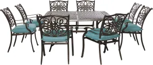 Hanover Traditions 9-Piece Patio Dining Set with 60" Square Cast-Top Dining Table and 8 Chairs with Blue Cushions, Modern All Weather Outdoor Dining Set with Rust-Resistant Aluminum Frames