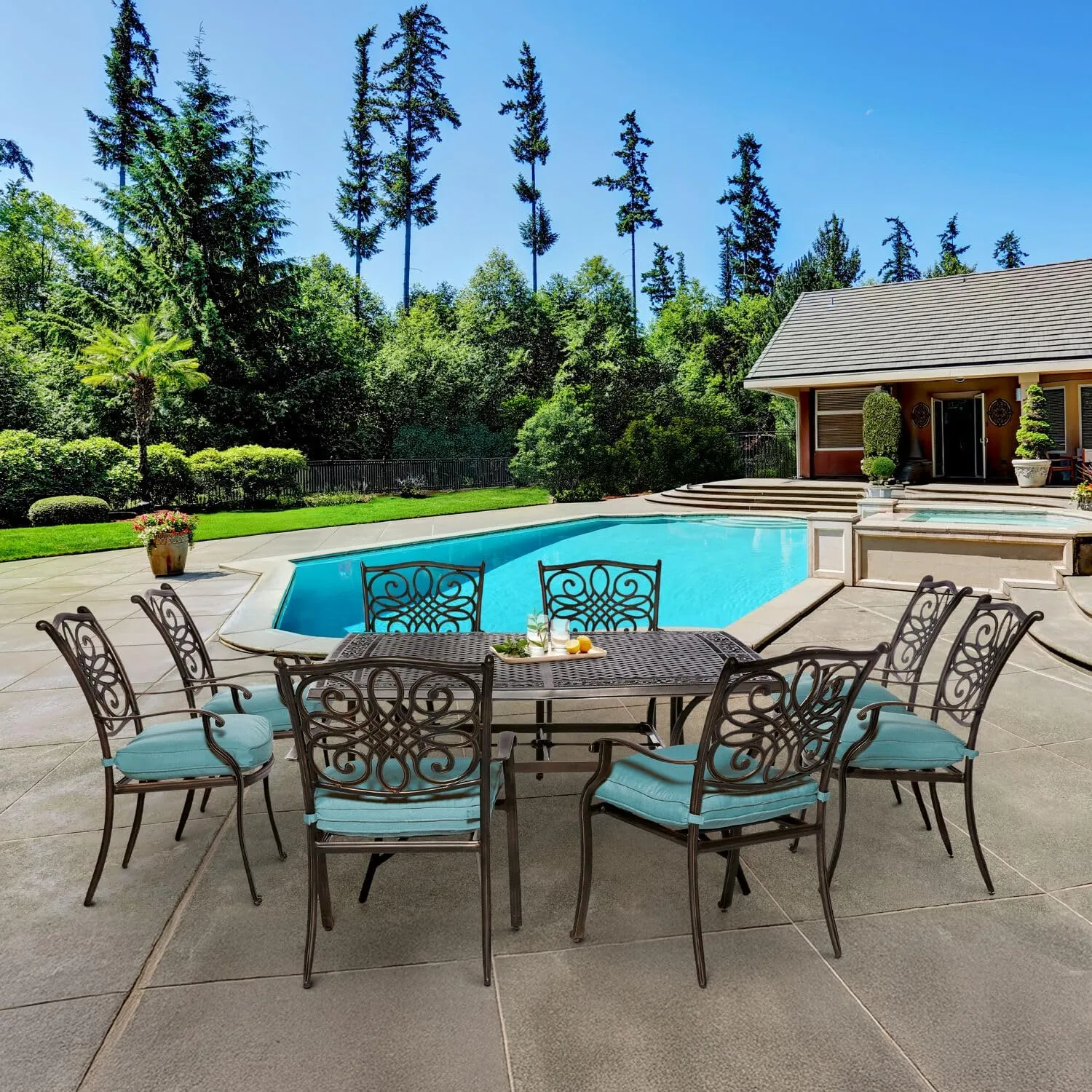 Hanover Traditions 9-Piece Patio Dining Set with 60" Square Cast-Top Dining Table and 8 Chairs with Blue Cushions, Modern All Weather Outdoor Dining Set with Rust-Resistant Aluminum Frames