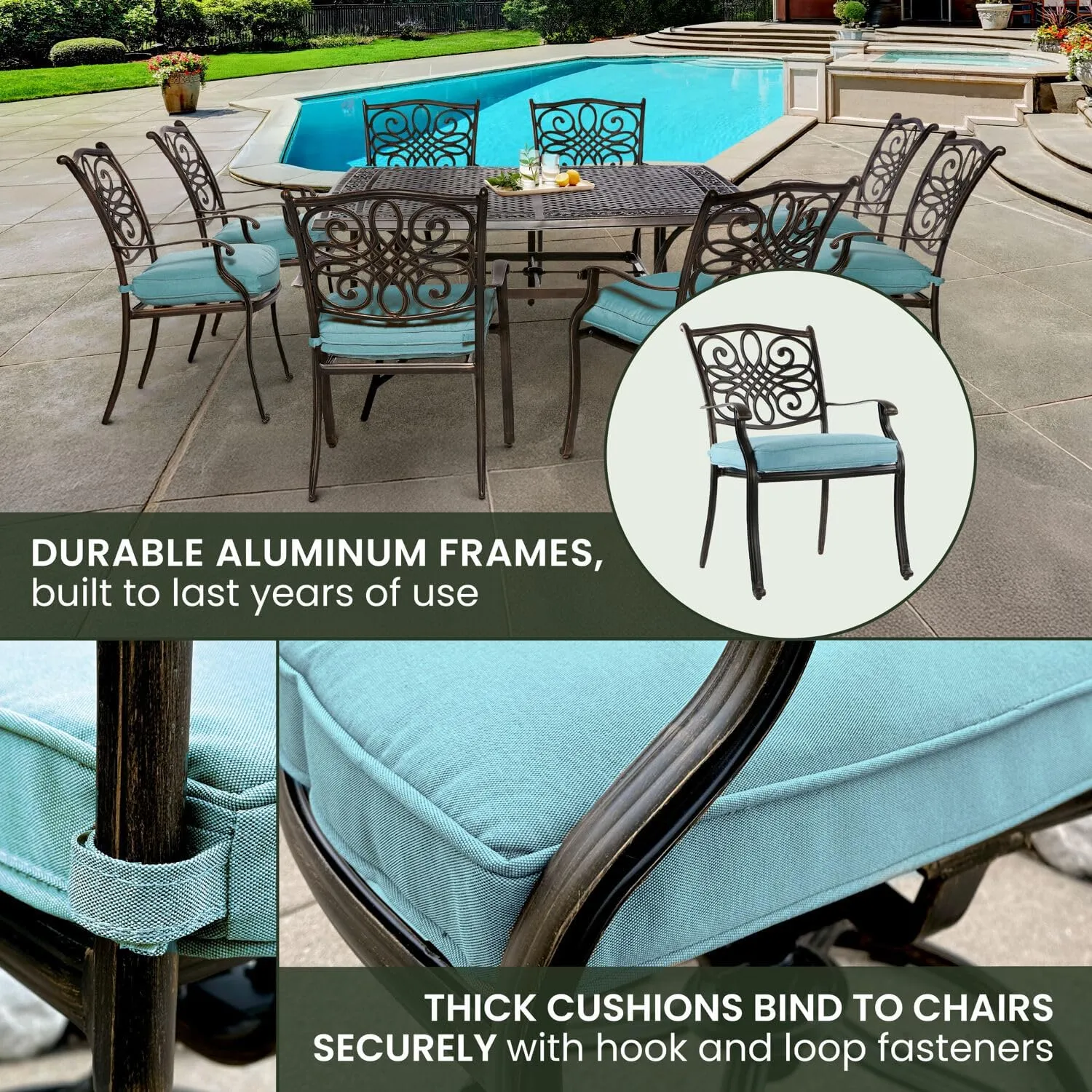 Hanover Traditions 9-Piece Patio Dining Set with 60" Square Cast-Top Dining Table and 8 Chairs with Blue Cushions, Modern All Weather Outdoor Dining Set with Rust-Resistant Aluminum Frames