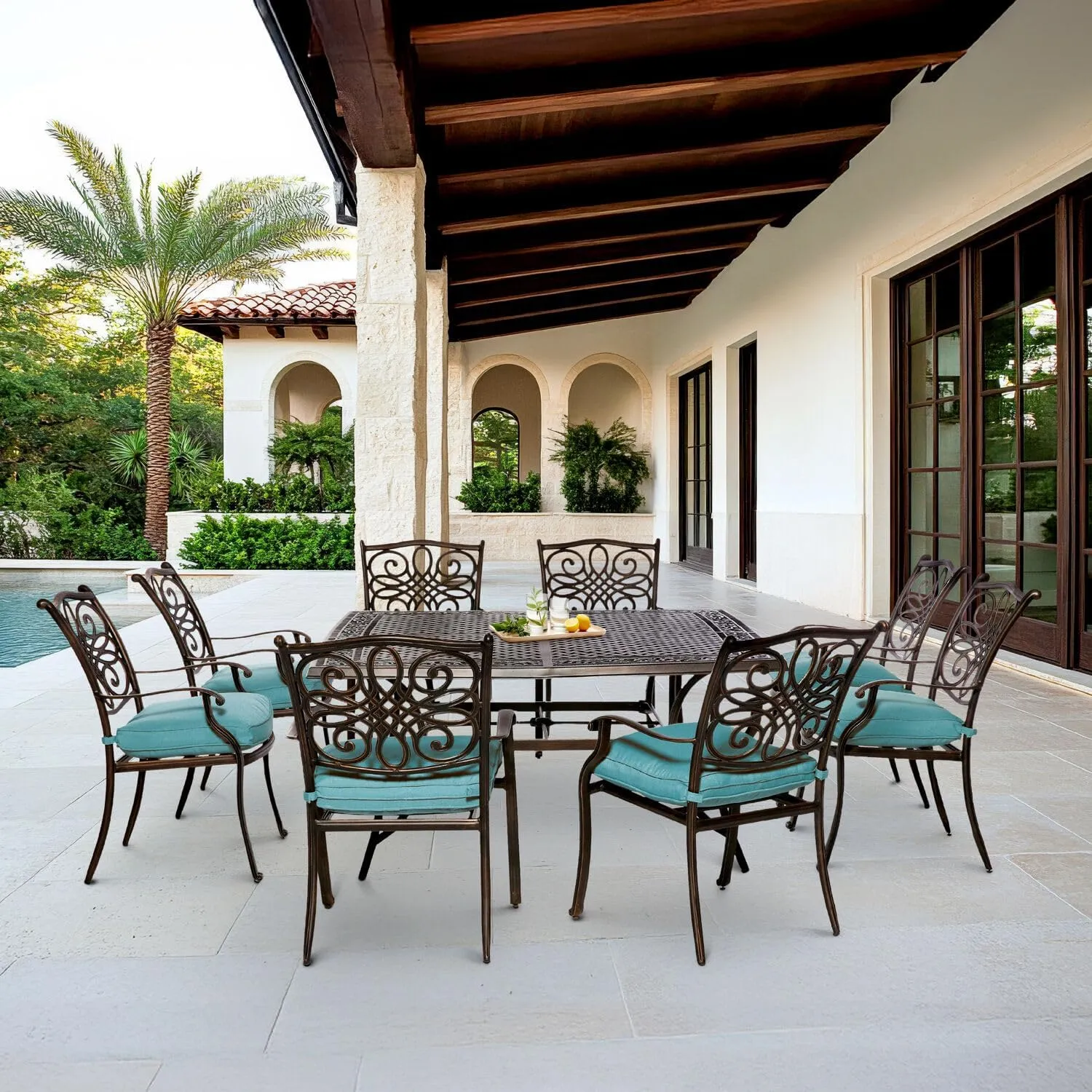 Hanover Traditions 9-Piece Patio Dining Set with 60" Square Cast-Top Dining Table and 8 Chairs with Blue Cushions, Modern All Weather Outdoor Dining Set with Rust-Resistant Aluminum Frames