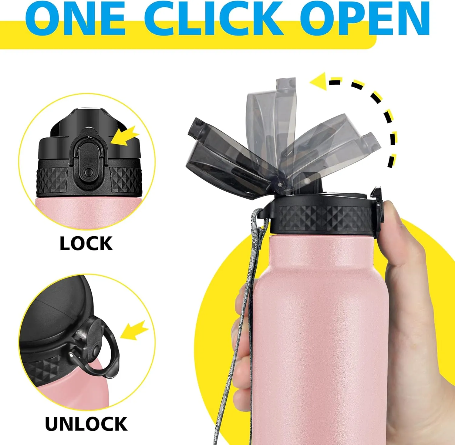 Han's Bottle Sports Water Bottle - 24 Oz, Straw Lid, Leak Proof, Vacuum Insulated Stainless Steel, Double Walled, Thermo Mug,Blush