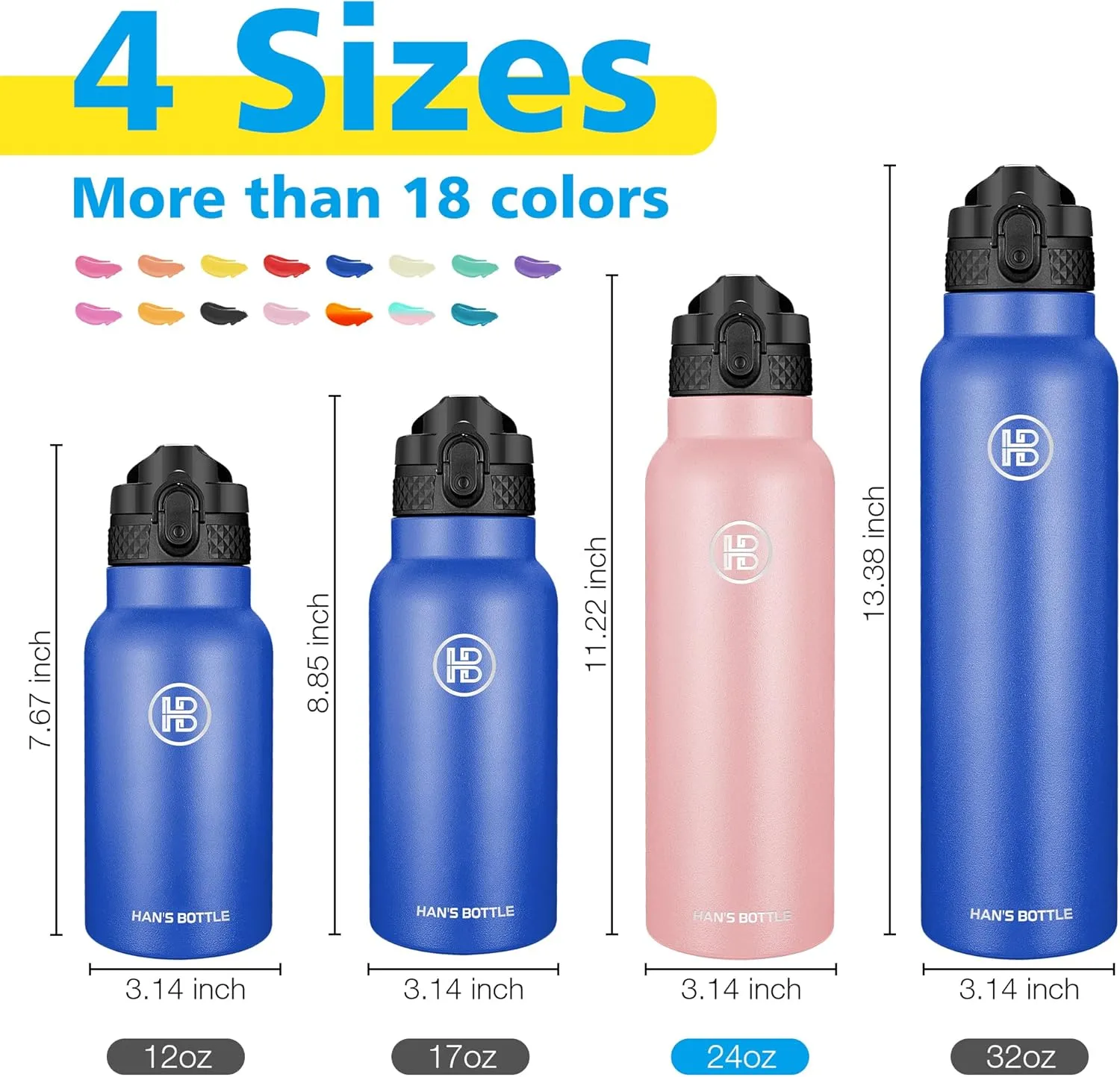 Han's Bottle Sports Water Bottle - 24 Oz, Straw Lid, Leak Proof, Vacuum Insulated Stainless Steel, Double Walled, Thermo Mug,Blush
