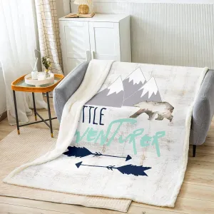 Happy Camping Theme Sherpa Blanket - Bear Mountain Plush Throw for Bed, Sofa, Couch - Camping Travel Fleece - Bedroom Decor Vintage Wooden Door Warm Fuzzy Baby 30"x40"