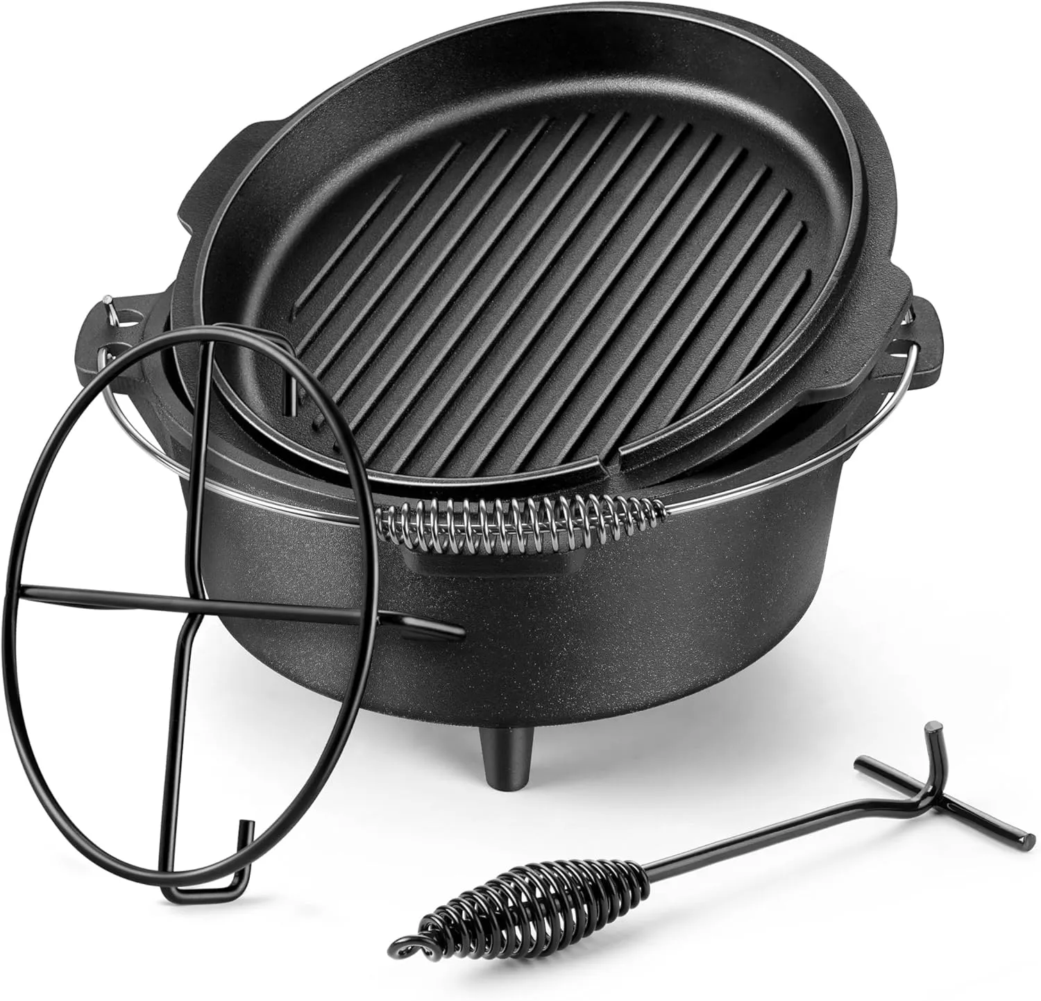 HaSteeL 7 QT Cast Iron Dutch Oven, Large 2 in 1 Camp Pre-Seasoned Deep Pot & Lid Skillet Pan, Heavy Thick 7 Quart Multiple Cookware with Feet for Outdoor Camping Baking, Bracket and Lid Lifter