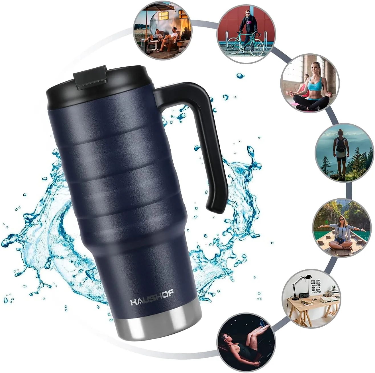 HAUSHOF 24 oz Travel Mug, Stainless Double Wall Vacuum Insulated Tumbler with Handle & Spill Proof Twist On Flip Lid and Wide Mouth, BPA Free (Navy Blue)