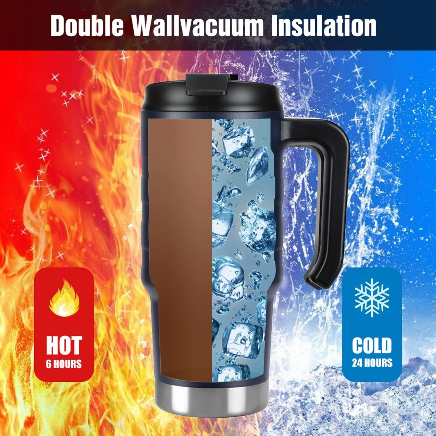 HAUSHOF 24 oz Travel Mug, Stainless Double Wall Vacuum Insulated Tumbler with Handle & Spill Proof Twist On Flip Lid and Wide Mouth, BPA Free (Navy Blue)