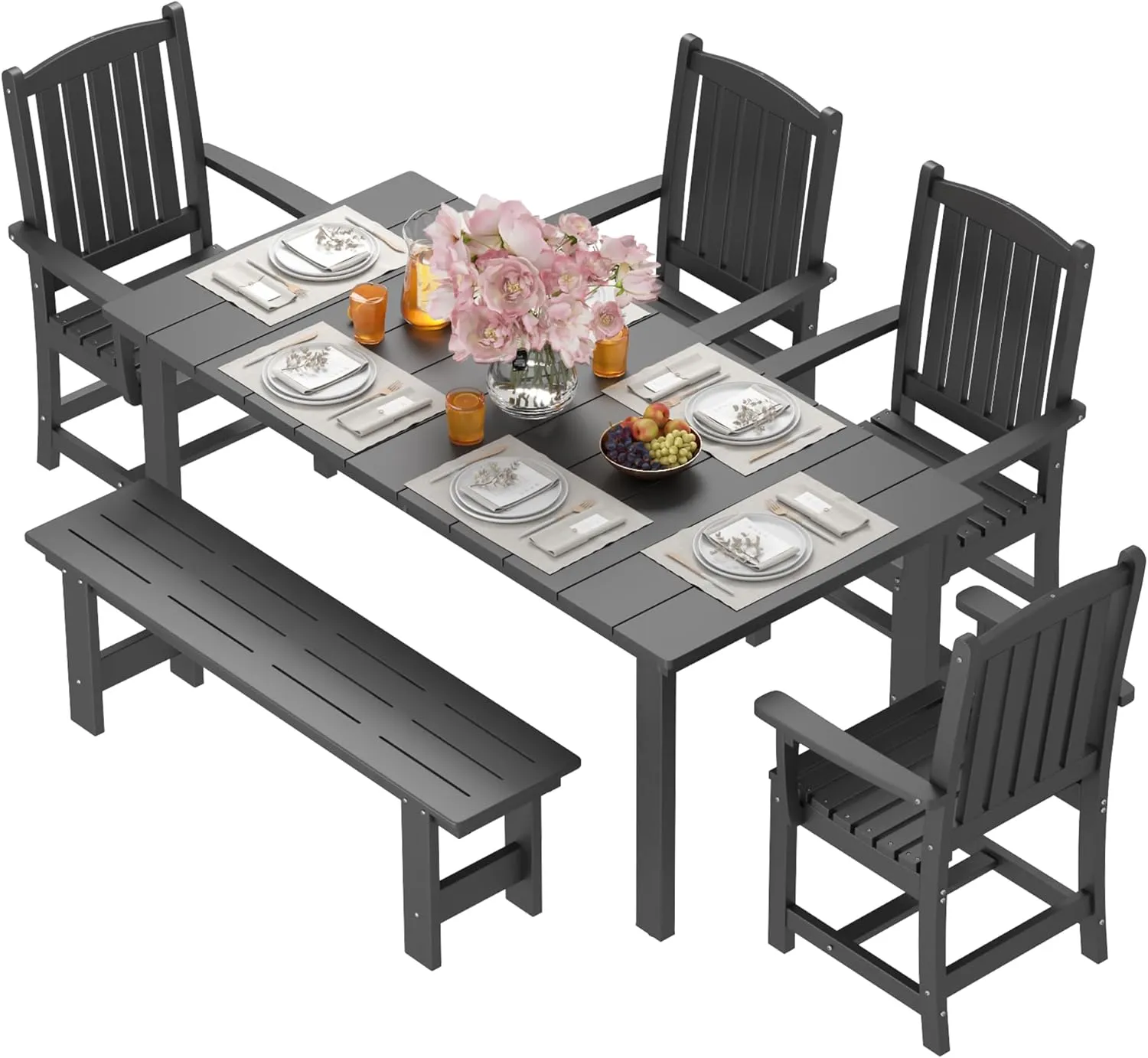HDPE Outdoor Dining Table Set of 6, 71" L Patio Dining Furniture Set with 4 Chairs & 1 Bench, Modern Cut-Out Dining Table Chairs Set with Umbrella Hole, Dark Gray (4 Chairs 1 Bench 1 Table)