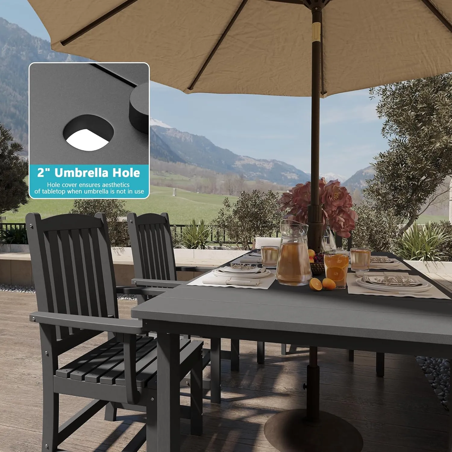 HDPE Outdoor Dining Table Set of 6, 71" L Patio Dining Furniture Set with 4 Chairs & 1 Bench, Modern Cut-Out Dining Table Chairs Set with Umbrella Hole, Dark Gray (4 Chairs 1 Bench 1 Table)