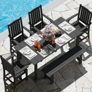 HDPE Outdoor Dining Table Set of 6, 71" L Patio Dining Furniture Set with 4 Chairs & 1 Bench, Modern Cut-Out Dining Table Chairs Set with Umbrella Hole, Dark Gray (4 Chairs 1 Bench 1 Table)