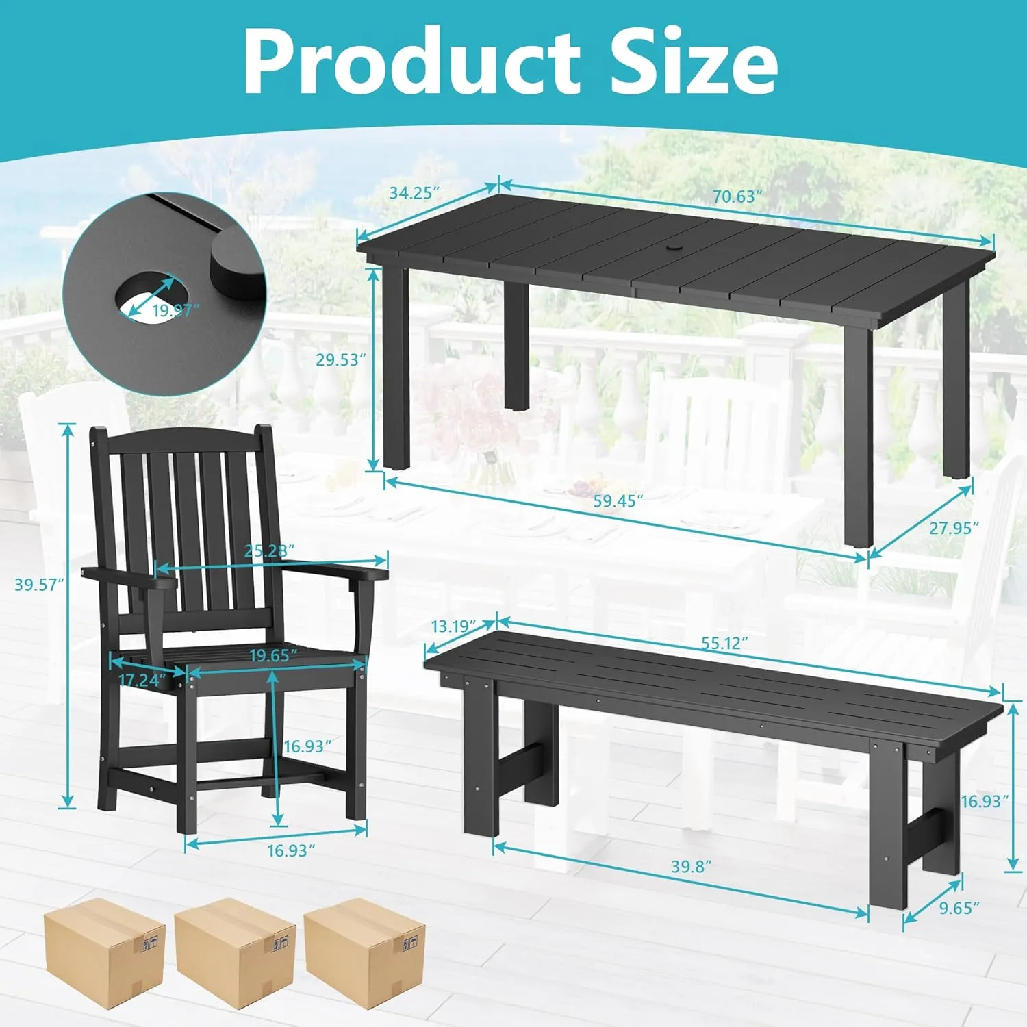 HDPE Outdoor Dining Table Set of 6, 71" L Patio Dining Furniture Set with 4 Chairs & 1 Bench, Modern Cut-Out Dining Table Chairs Set with Umbrella Hole, Dark Gray (4 Chairs 1 Bench 1 Table)