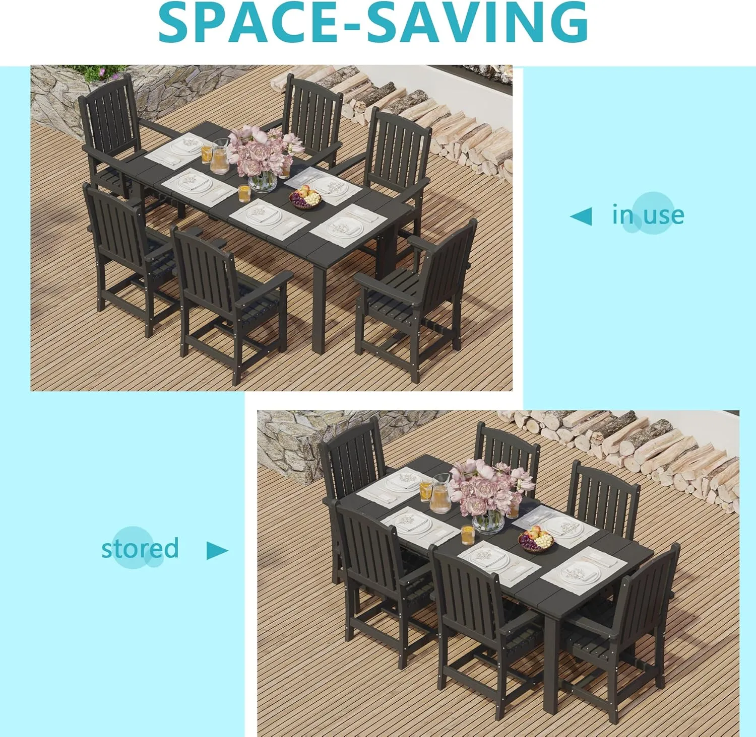 HDPE Outdoor Dining Table Set of 6, 71" L Patio Dining Furniture Set with 4 Chairs & 1 Bench, Modern Cut-Out Dining Table Chairs Set with Umbrella Hole, Dark Gray (4 Chairs 1 Bench 1 Table)