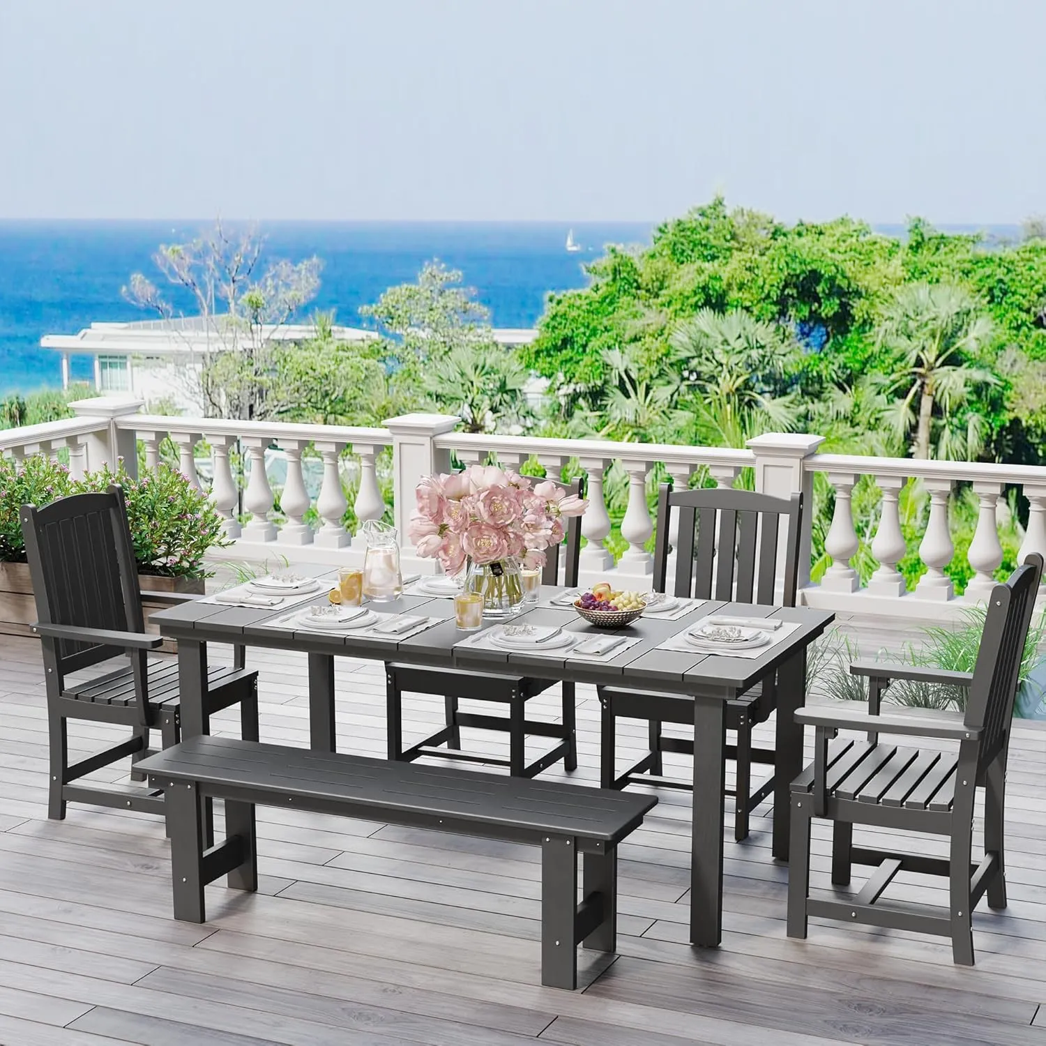 HDPE Outdoor Dining Table Set of 6, 71" L Patio Dining Furniture Set with 4 Chairs & 1 Bench, Modern Cut-Out Dining Table Chairs Set with Umbrella Hole, Dark Gray (4 Chairs 1 Bench 1 Table)