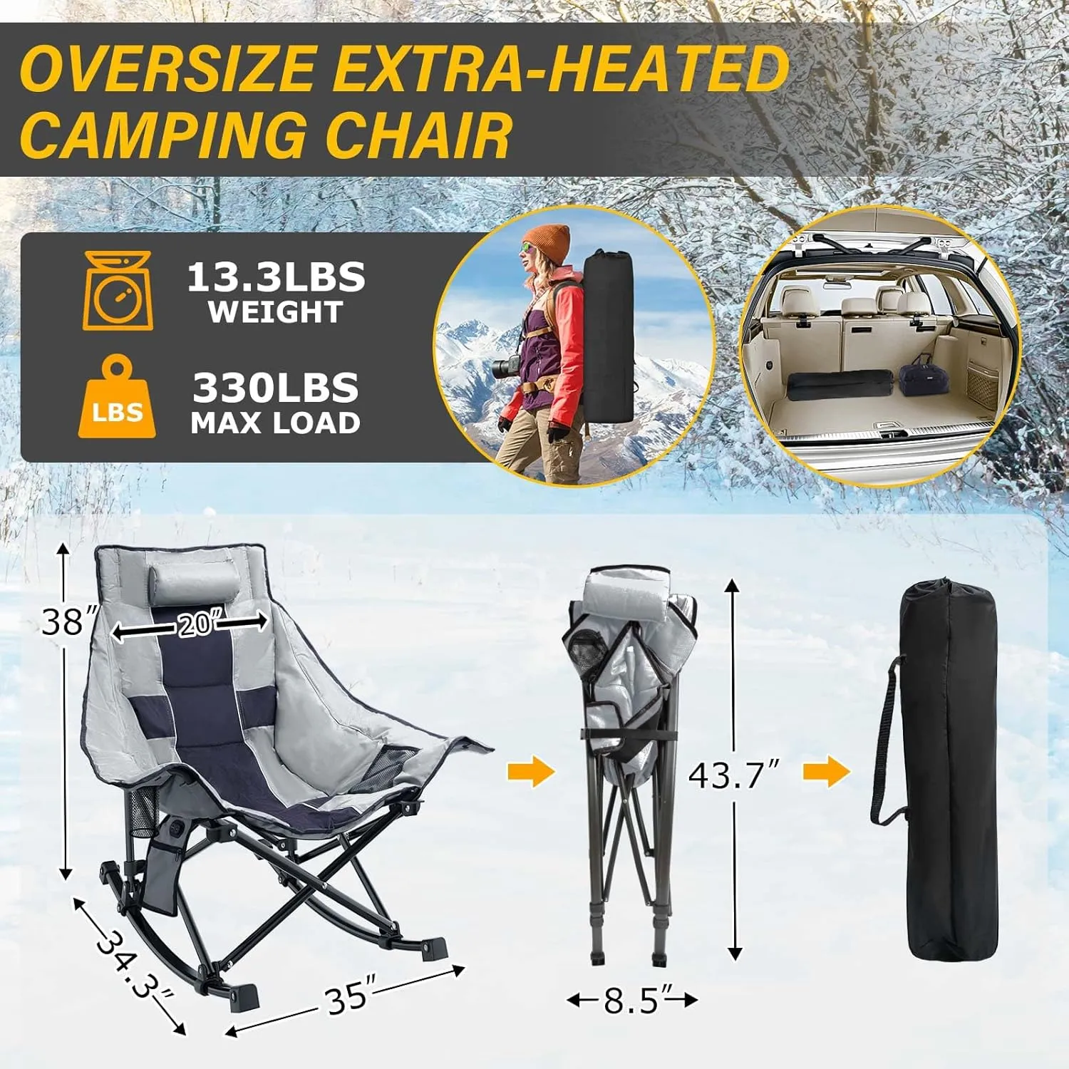 Heated Camping Chair Oversize, XL Heated Rocking Chair with 3 Levels for Back and Seat, Portable Outdoor Heated Folding Chair, Heavy Lawn Chair for Camping/Outdoor/Picnics/Patio