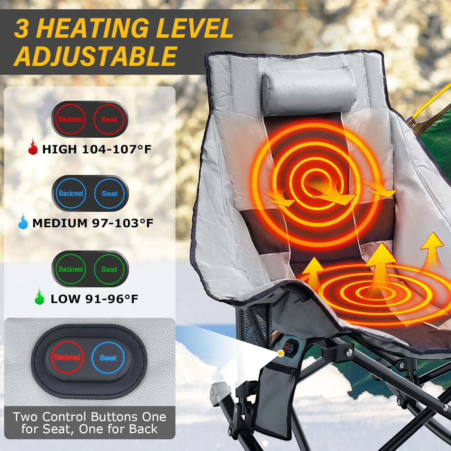 Heated Camping Chair Oversize, XL Heated Rocking Chair with 3 Levels for Back and Seat, Portable Outdoor Heated Folding Chair, Heavy Lawn Chair for Camping/Outdoor/Picnics/Patio
