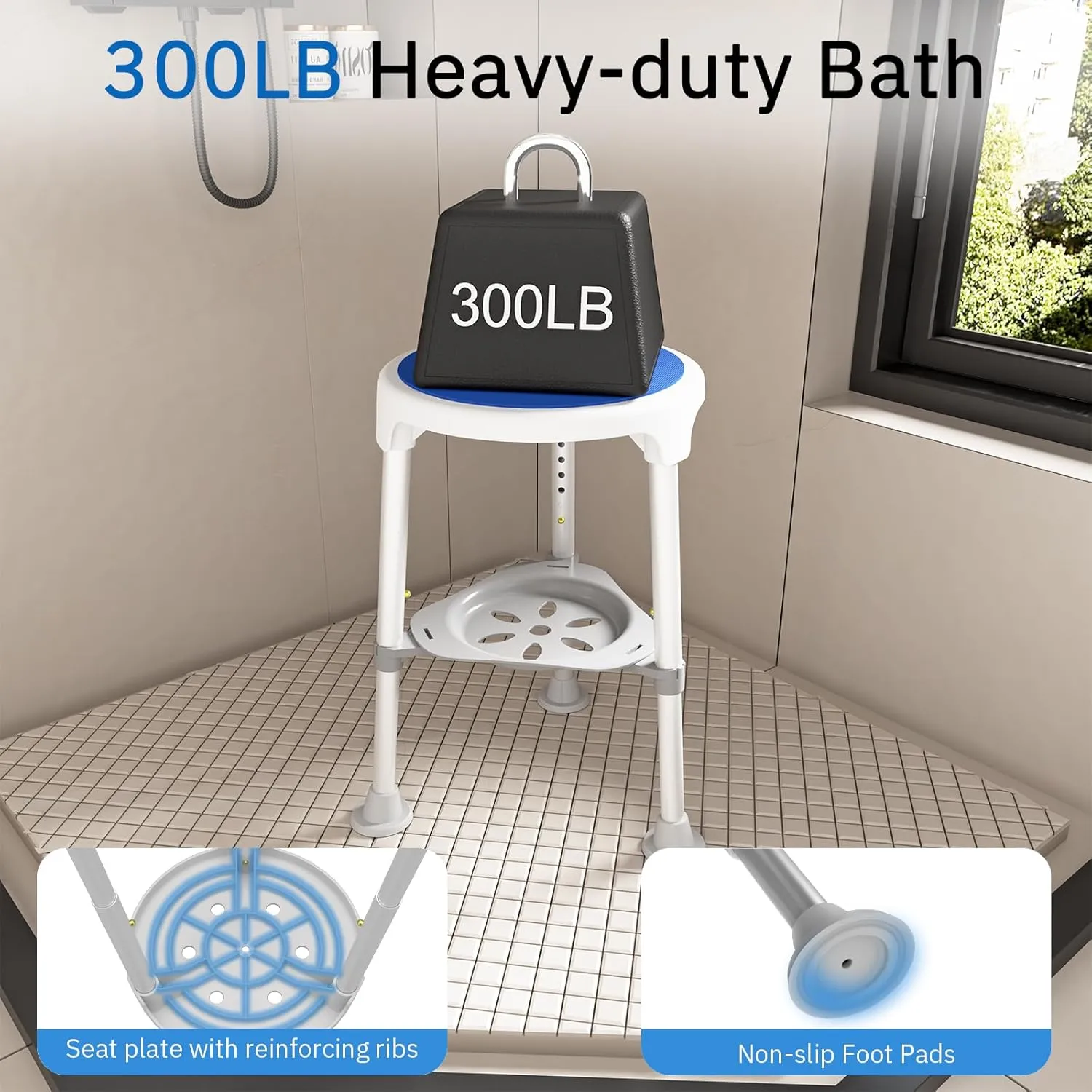 Hercules Series Aluminum Bath and Shower Chair with Adjustable Height, Anti-Slip Medical Chair, 300 lb. Static Weight Capacity, Gray