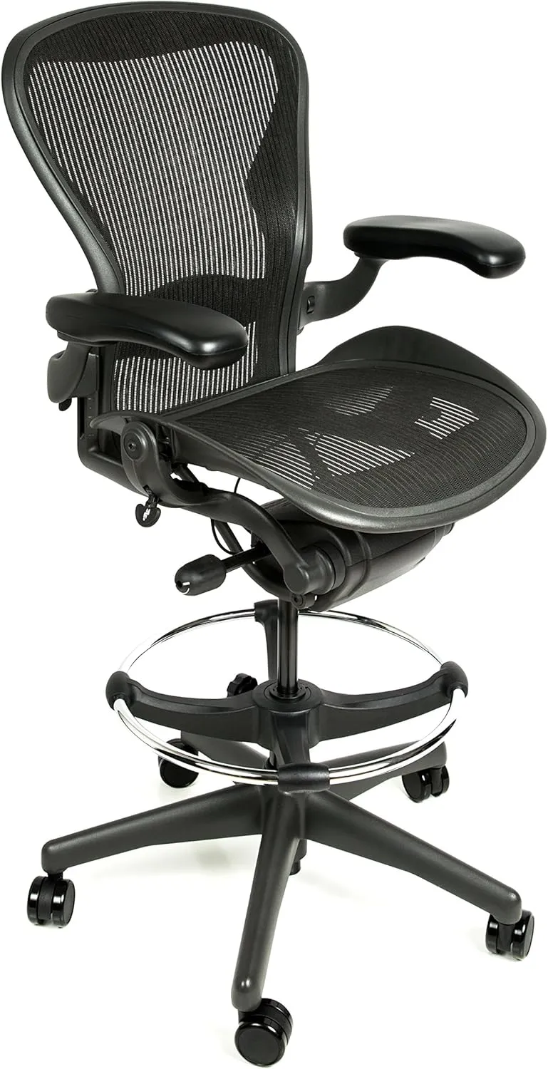 Herman Miller Aeron Drafting Stool Size B with After Market Drafting Ring, Aluminum