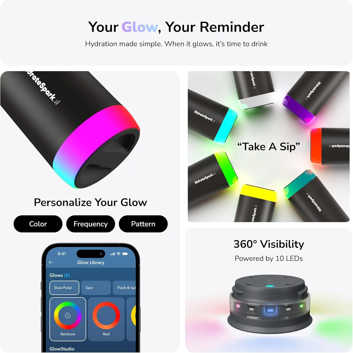 Hidrate Spark PRO Smart Water Bottle – Insulated Stainless Steel – Tracks Water Intake with Bluetooth, LED Glow Reminder When You Need to Drink – Straw Lid, 32oz, Brushed Steel