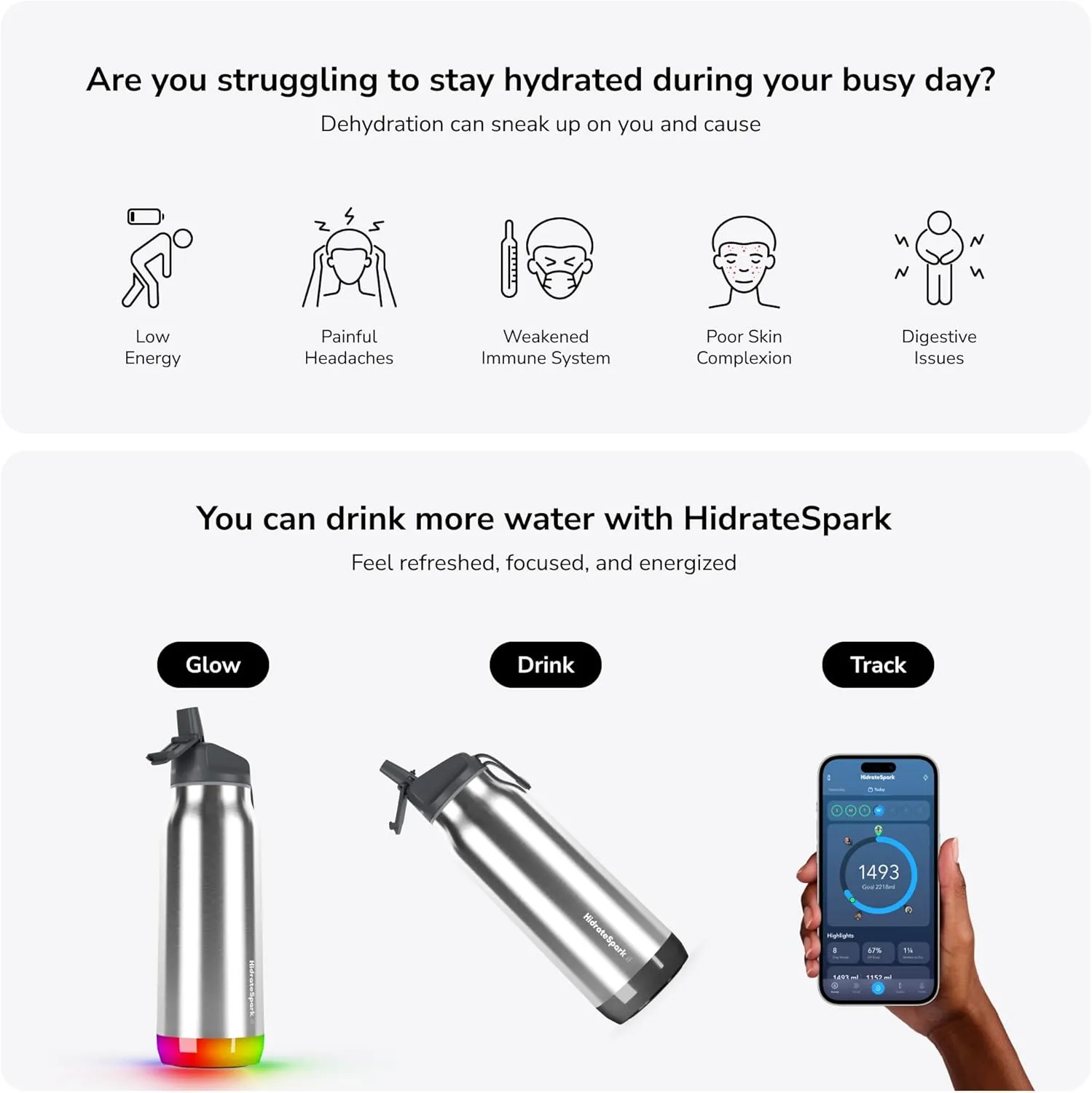 Hidrate Spark PRO Smart Water Bottle – Insulated Stainless Steel – Tracks Water Intake with Bluetooth, LED Glow Reminder When You Need to Drink – Straw Lid, 32oz, Brushed Steel