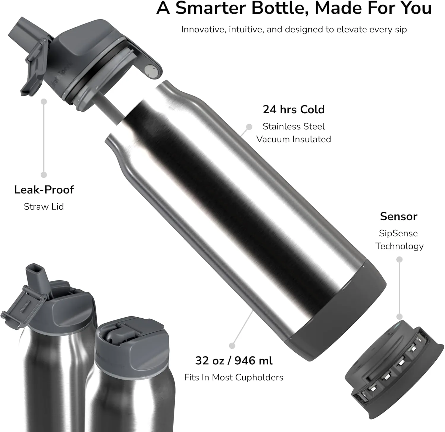 Hidrate Spark PRO Smart Water Bottle – Insulated Stainless Steel – Tracks Water Intake with Bluetooth, LED Glow Reminder When You Need to Drink – Straw Lid, 32oz, Brushed Steel