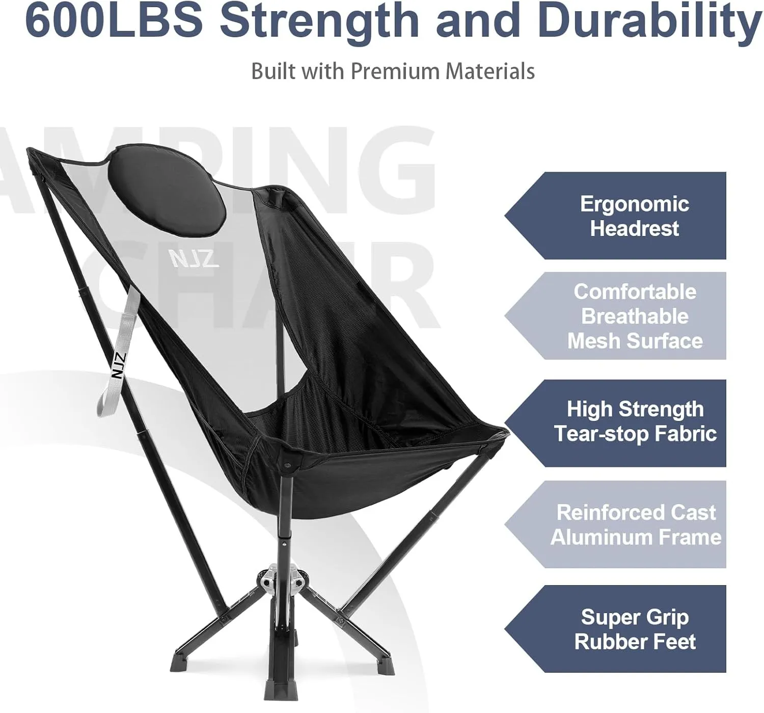 High Back Camping Chair - 600 LBS Capacity Oversized Camping Chair with Comfortable Backrest & Headrest, Quick Setup - Compact Folding Chair for Indoor/Outdoor Use - Black