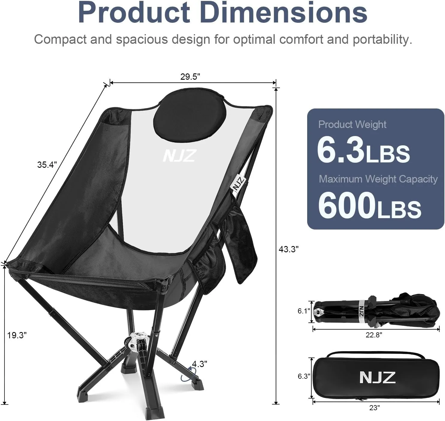 High Back Camping Chair - 600 LBS Capacity Oversized Camping Chair with Comfortable Backrest & Headrest, Quick Setup - Compact Folding Chair for Indoor/Outdoor Use - Black