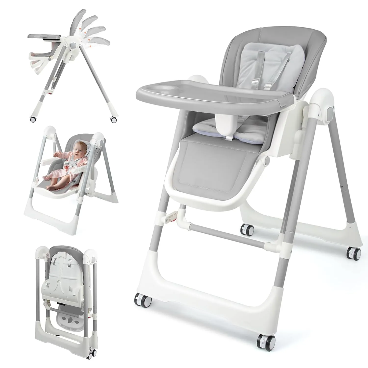 High Chairs for Babies and Toddlers Foldable High Chair Adjustable with Reclining Seat & Leg Rest, 3-in-1 Convertible Baby Swings with Tool-Free Assembly (Grey)