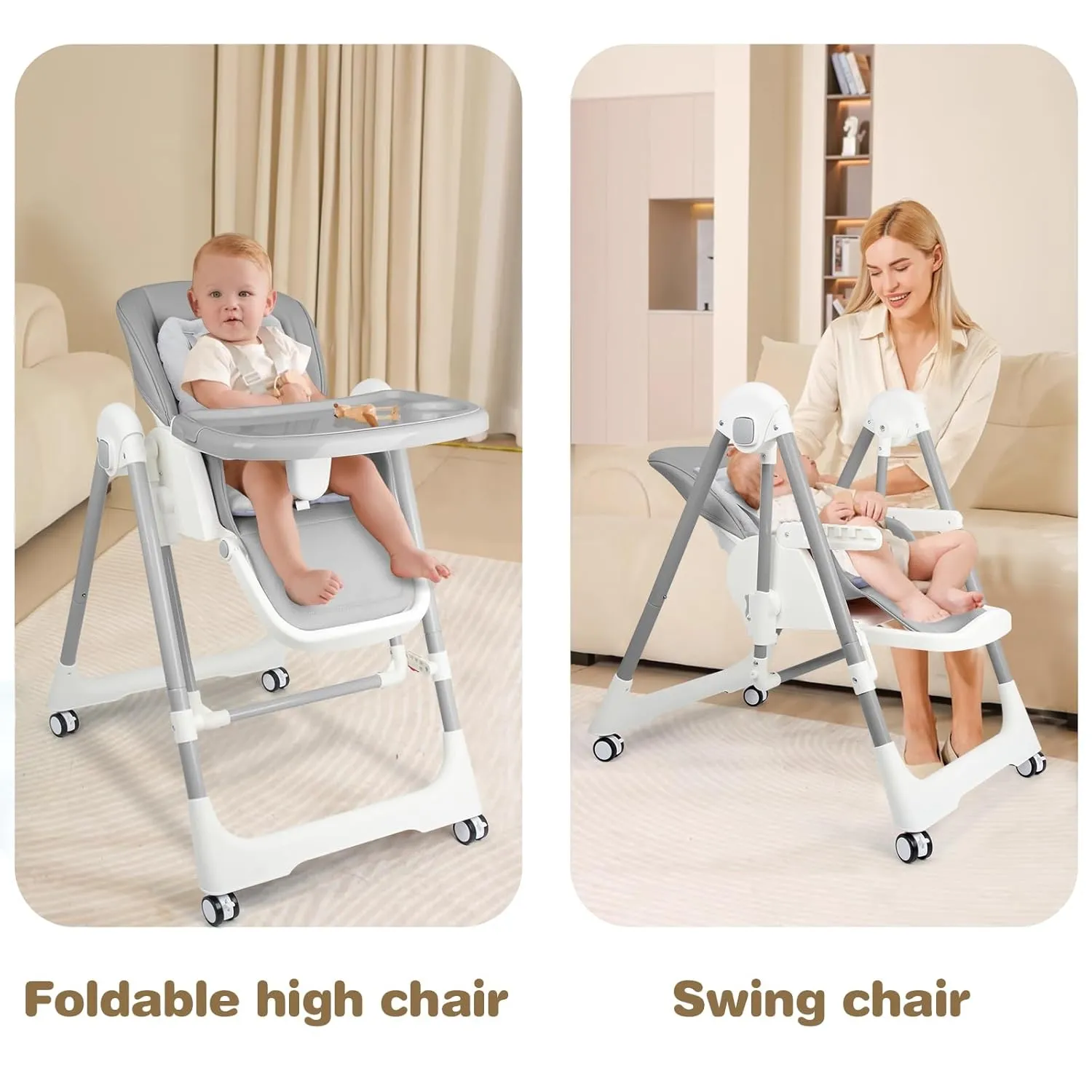 High Chairs for Babies and Toddlers Foldable High Chair Adjustable with Reclining Seat & Leg Rest, 3-in-1 Convertible Baby Swings with Tool-Free Assembly (Grey)