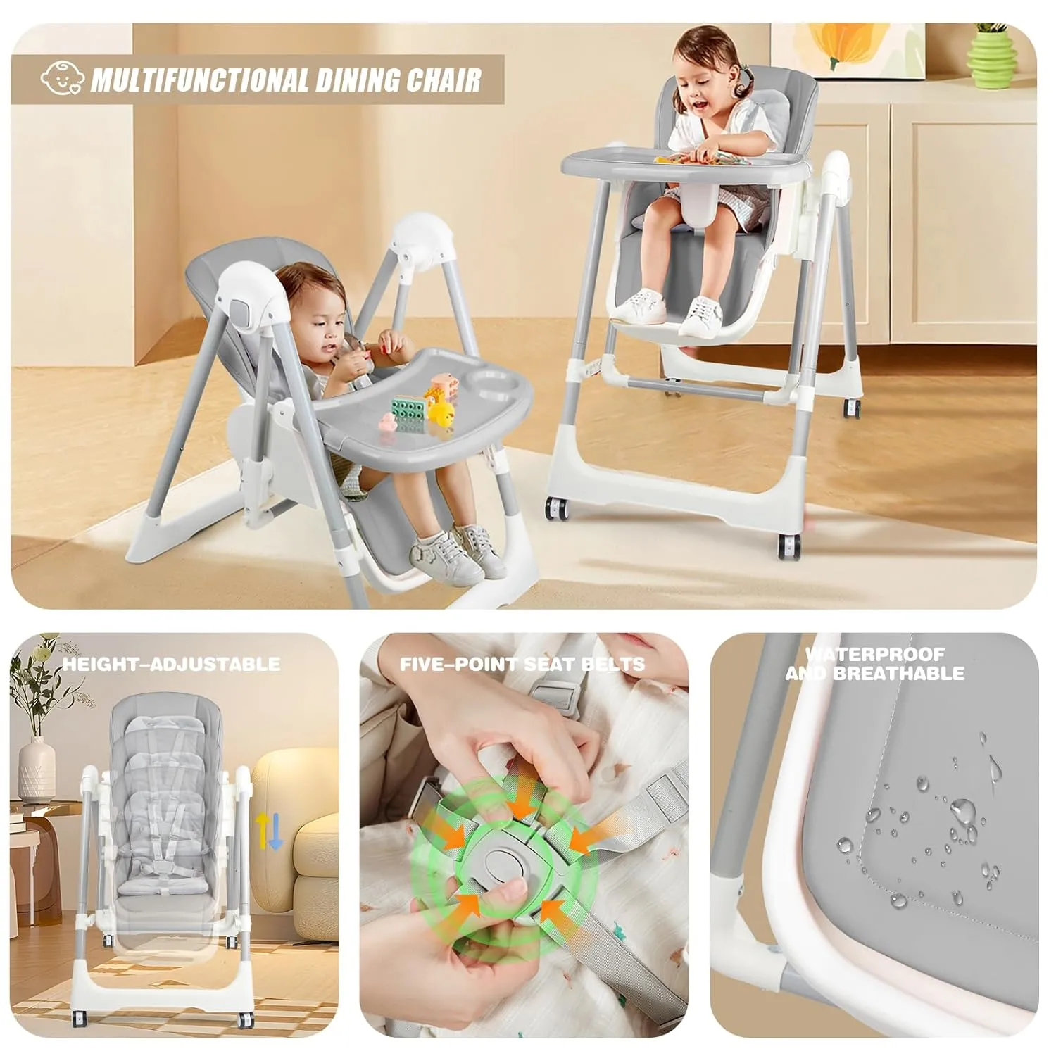 High Chairs for Babies and Toddlers Foldable High Chair Adjustable with Reclining Seat & Leg Rest, 3-in-1 Convertible Baby Swings with Tool-Free Assembly (Grey)