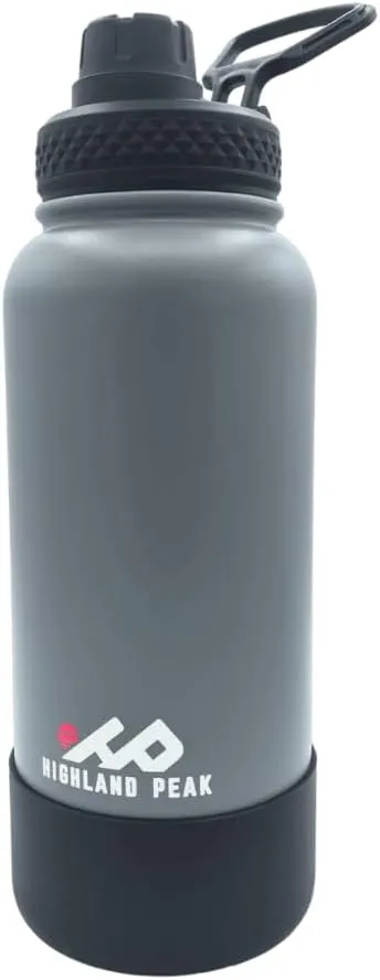 Highland Peak 32 oz Stainless Steel Double Wall Insulated Water Bottle and Beer Growler Wide Mouth Canteen - Hot and Cold - BPA Free Metal Thermos Flask - 1/4 Gallon Jug (Gray, 32 oz)