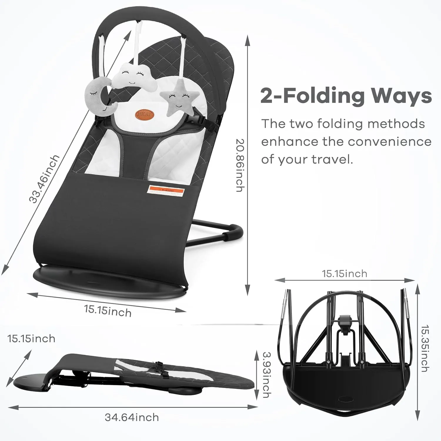 HKAI Baby Bouncer, Portable Baby Bouncer Seat for Babies 0-18 Months, 100% Cotton Fabrics, 3 Modes of use with Rocker and Stationary Options, Infant Rocker Chair with Hanging Toys-Dark Grey